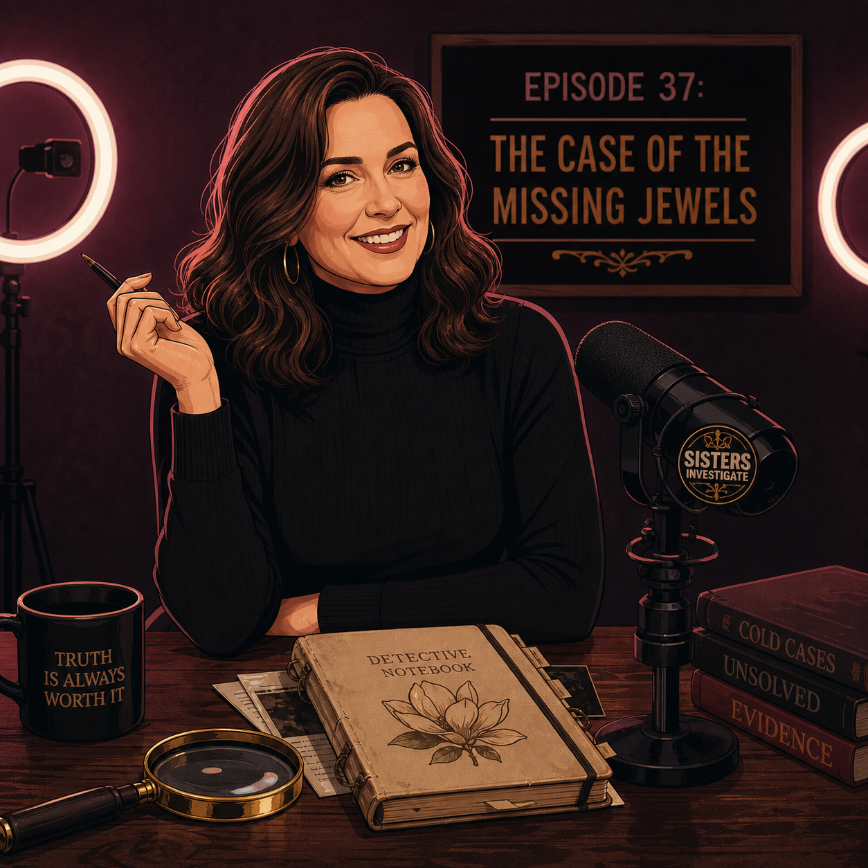 Illustrated portrait of Alexandra, brunette true-crime host