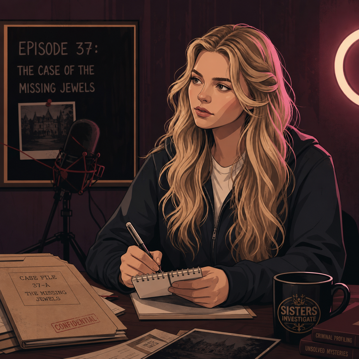 Illustrated portrait of Cassie Lark, blonde co-host