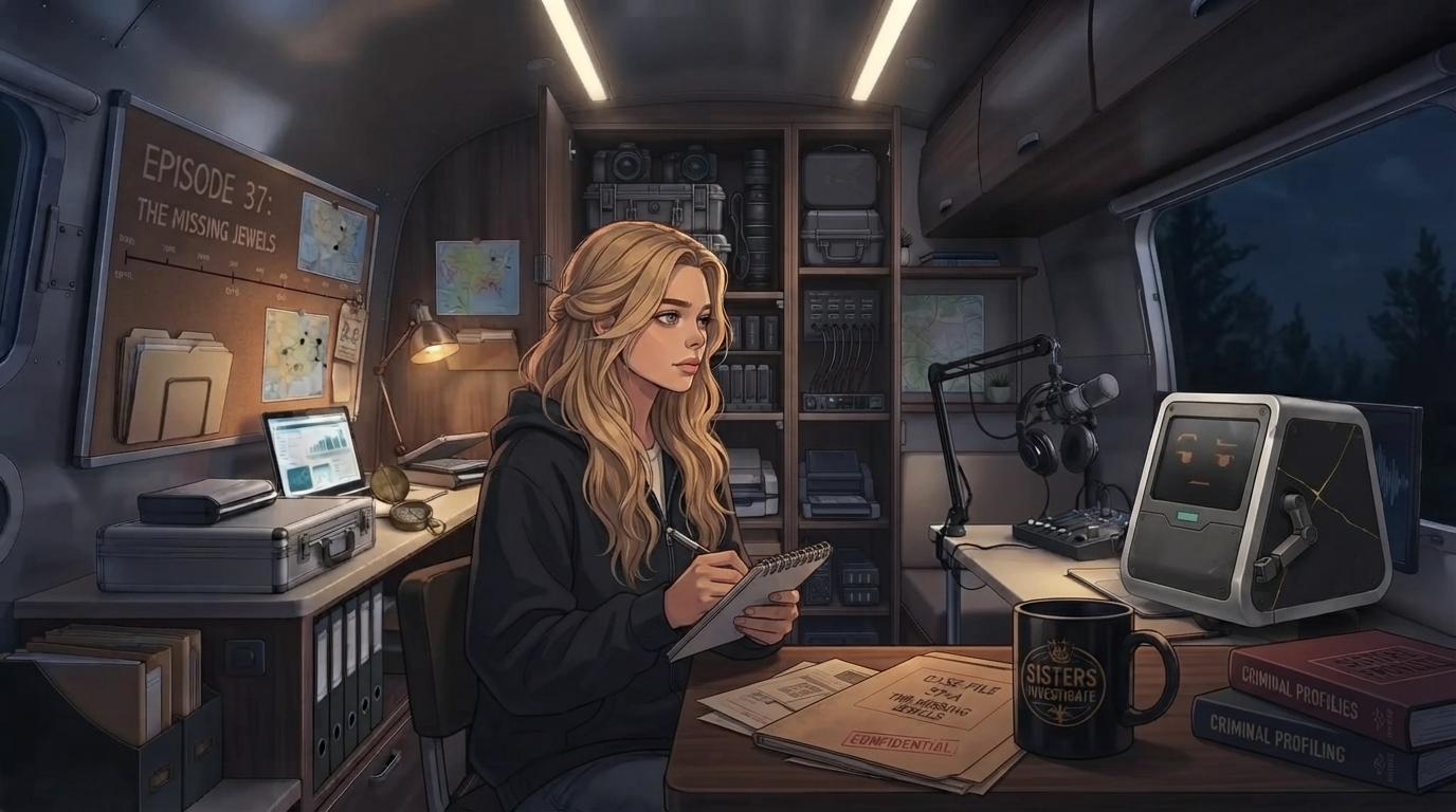 Cassie Lark researches a case in her Airstream studio while Wrecker sits beside her at the desk.