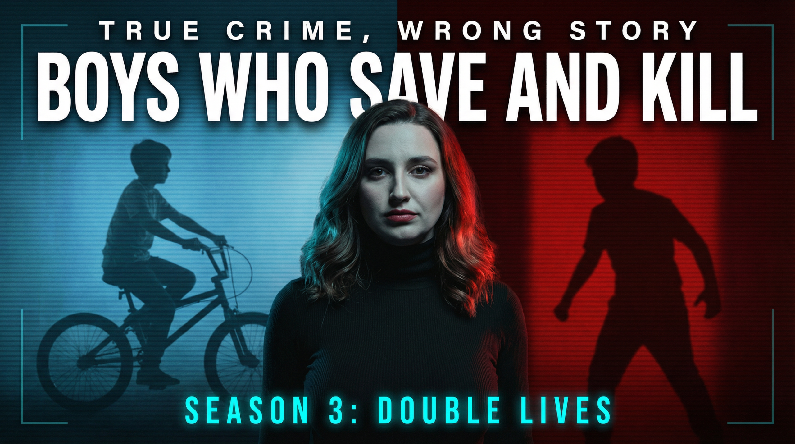 True Crime, Wrong Story Season 3 Episode 1 thumbnail: host Alexandra Kitty between silhouettes of a boy on a bicycle and a boy in shadow